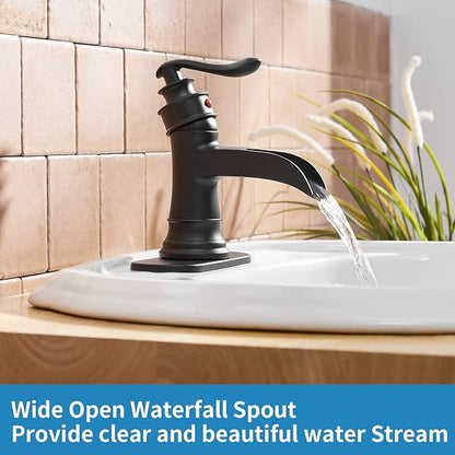 BWE Waterfall Bathroom Faucet Matte Black Bathroom Sink Faucet with Pop Up Drain Single Handle Deck Plate for 1 or 3 Hole Vanity Farmhouse Mixer Tap Fits All States, California 1.2 GPM Standard