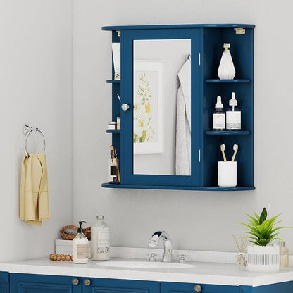 GIANTEX Bathroom Medicine Cabinet (Blue) | Wall Mounted Medicine Cabinet with Mirrored Door & 4 Interior Shelves, 6 Open Shelves, Space-saving Storage Cabinet