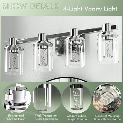 Quntis 4-Light Chrome Bathroom Vanity Light with 5 Color Modes, Dimmable Modern Bathroom Lighting Fixture Over Mirror, 28 Watts Eye Protection LED Wall Lamp 27 Inch (UL Certified, Bulbs Included)