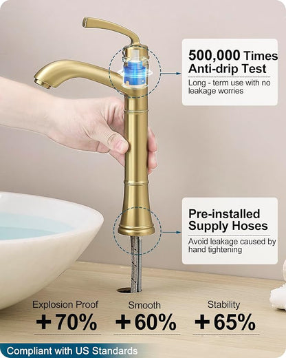 Brass Gold Vessel Sink Faucet, Tall Single Hole Bathroom Faucet for Vessel Sink Single Handle with Pop-Up Drain & Pre-Installed Hoses
