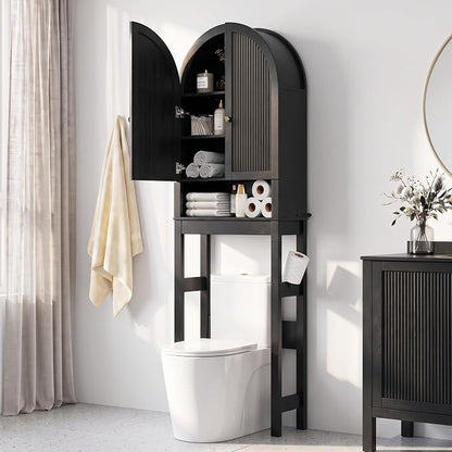 HMstone Over The Toilet Storage Cabinet, Arched Bathroom Organizer and Storage with Doors and Adjustable Shelf, Space-Saving Freestanding Bathroom Modern Storage Cabinet Over Toilet (Black)