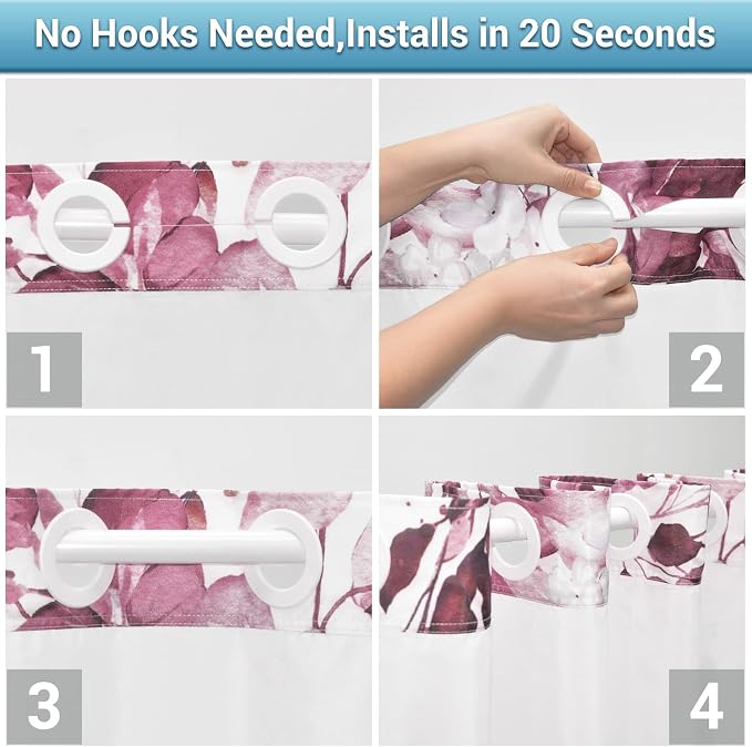 No Hook Shower Curtain with Liner, Eucalyptus Burgundy, 71x74 | Snap in Liner, 3 in 1, Water Repellent, Easy Install, Machine Washable, Hotel Style for Bathroom, Watercolor Pattern
