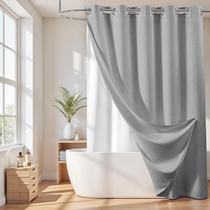 River Dream Grey Cotton Blend No Hook Shower Curtain with Liner, 71x74 | with Snap in Liner, Heavyweight Waffle Fabric, Hotel Grade for Bathroom, Water Repellent, Corner Magnets, Machine Washable