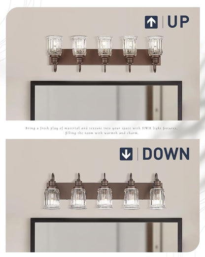 5 Light Bathroom Vanity Light - HWH Farmhouse Vanity Lights for Bathroom Wall Light Fixtures Over Mirror Oil-Rubbed Bronze, Bell-Shaped Fluted Clear Glass, 5HZG106B-5W ORB