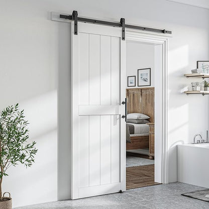 SMARTSTANDARD 32" x 84" White Sliding Barn Door with 6FT Black Hardware | Pre-Drilled Ready to Assemble, Waterproof PVC Coating, H-Frame