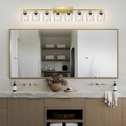 Modern Brushed Gold 8 Light Bathroom Light Fixtures, 52 inch Vanity Lights for Bathroom with Clear Glass, Bathroom Light Fixture for Mirror Kitchen Living Room Hallway Cabinet Porch