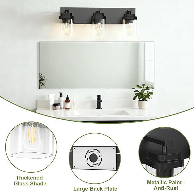 Black Bathroom Light Fixtures, 3 Lights Bathroom Lighting Fixtures Over Mirror, Square Design & Rectangle Large Backplate, Modern Vanity Lighting Fixtures, for Bathroom/Living Room/Bedroom