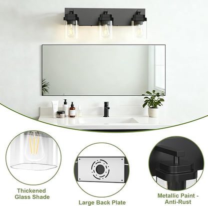 Black Bathroom Light Fixtures, 3 Lights Bathroom Lighting Fixtures Over Mirror, Square Design & Rectangle Large Backplate, Modern Vanity Lighting Fixtures, for Bathroom/Living Room/Bedroom