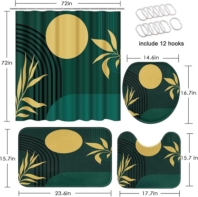 Bathroom Sets with Shower Curtain and Rugs 4 Pcs, Boho Geometric | Minimalist Midcentury Abstract Bathroom Decor Set with Toilet Lid Cover, Non-Slip Bath Mats and Accessories 12 Hooks