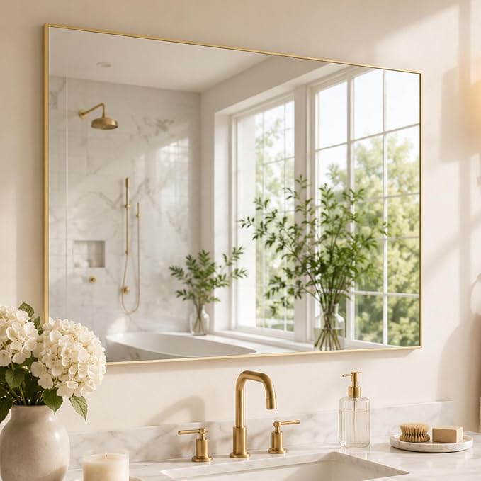 40"x30" Brushed Gold Framed Rectangle Bathroom Vanity Wall Mirror | Over-Sink Vanity Mirror, Slim Metal Frame, Entryway or Dresser Use, Vertical/Horizontal Mount, Tempered Glass