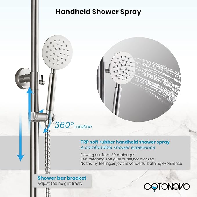 gotonovo Stainless Steel SUS304 Silver Shower faucet Set Wall Mount Triple Function Shower System 8 inches Shower Head Bathroom Adjustable Hand Spray Rainfall Brushed Nickel Shower Faucet Complete Set