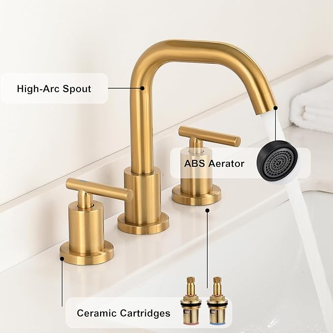 Brushed Gold Bathroom Faucet for Sink 3 Hole, 8 inch Widespread Bathroom Faucets | Brass Gold Vanity Faucets with 360° Swivel Spout 2 Handle Gold Sink Faucet with Drain & Supply Hoses