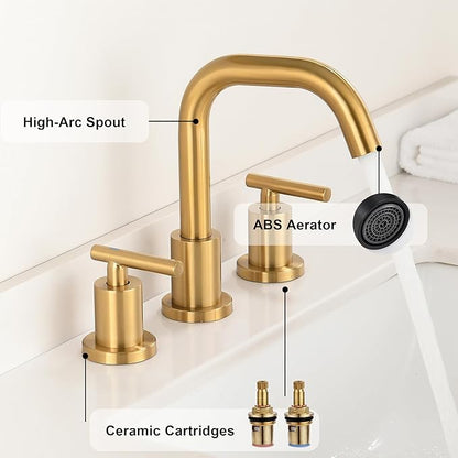 Brushed Gold Bathroom Faucet for Sink 3 Hole, 8 inch Widespread Bathroom Faucets | Brass Gold Vanity Faucets with 360° Swivel Spout 2 Handle Gold Sink Faucet with Drain & Supply Hoses