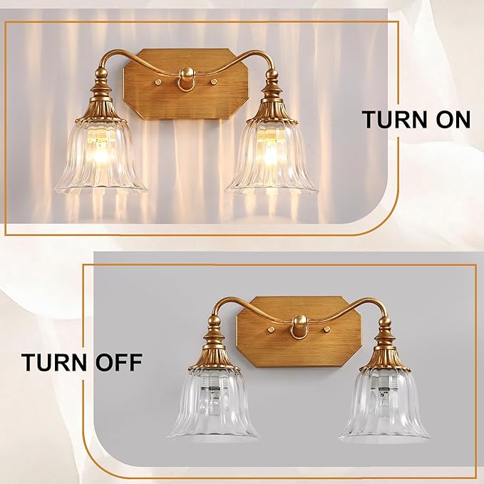 Bathroom Vanity Gold Light Fixture, 2 Lights Bathroom Lighting Matte Antique Brass Finish with Crystal Glass Shade, Gold Vintage Vanity Light for Bathrooms