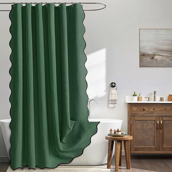 MIULEE Dark Green Scalloped Linen Shower Curtain 72x72 Inches | Linen Textured, Waterproof, Washable, 12 Metal Hooks, Heavy Duty Cloth, Black Border, Shower Curtain for Bathroom Bathtub