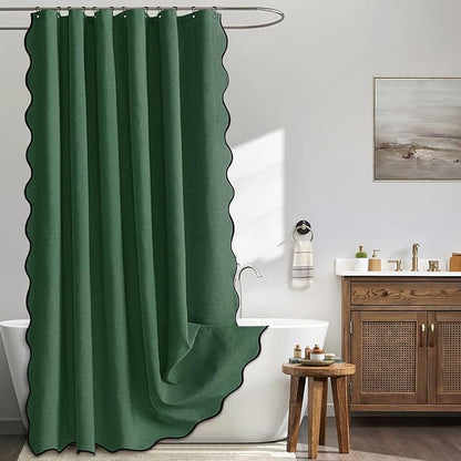 MIULEE Dark Green Scalloped Linen Shower Curtain 72x72 Inches | Linen Textured, Waterproof, Washable, 12 Metal Hooks, Heavy Duty Cloth, Black Border, Shower Curtain for Bathroom Bathtub