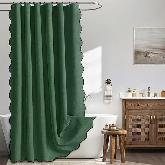 MIULEE Dark Green Scalloped Linen Shower Curtain 72x72 Inches | Linen Textured, Waterproof, Washable, 12 Metal Hooks, Heavy Duty Cloth, Black Border, Shower Curtain for Bathroom Bathtub