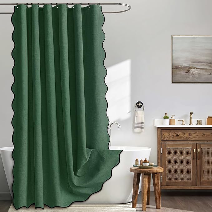 MIULEE 72"x84" Extra Long Scalloped Linen Shower Curtain Dark Green | Linen Textured, Waterproof, Washable, 12 Metal Hooks, Heavy Duty Cloth, Black Border, Shower Curtain for Bathroom Bathtub