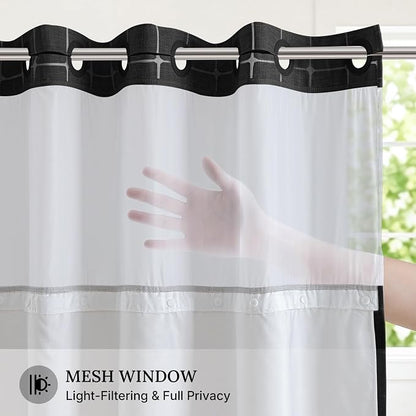 RiverDream Farmhouse No Hooks Shower Curtain with Snap-in Liner,Black,71x74 | Snap on Fabric Liner,Heavy Duty,Quick Dry,Mesh Top Window,With Bottom Magnets,Washable,with Tassels,Standard Size
