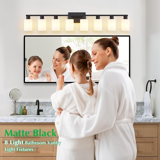 8 Light Bathroom Vanity Light, Black Bathroom Light Fixtures, 8-Light Vanity Lights for Huge Mirror, Matte Black 8 Light Wall Sconce with Milky White Frosted Glass Shades for Living Room Bath Makeup