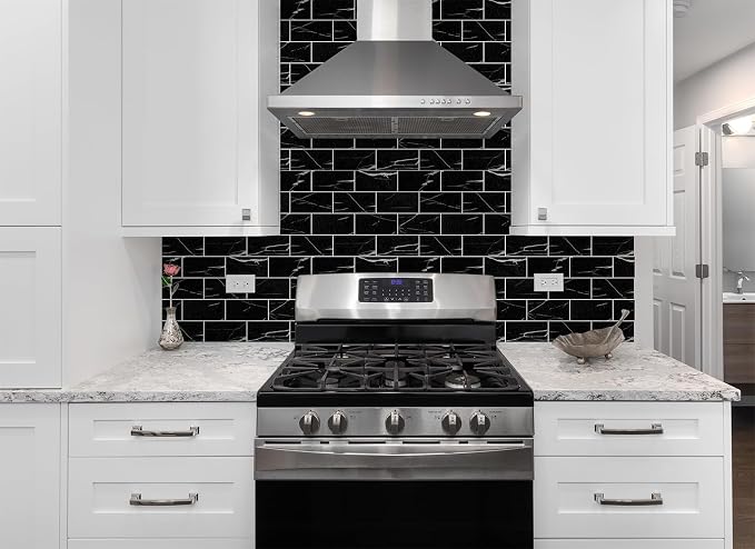 StyloVue 100 Pieces Peel and Stick Backsplash for Kitchen, 3" x 6" PVC Subway Tile Upgraded Nero Marquina with White Grout Backsplash Stick on Tile Elevate Kitchen, Bathroom, Fireplace,RV