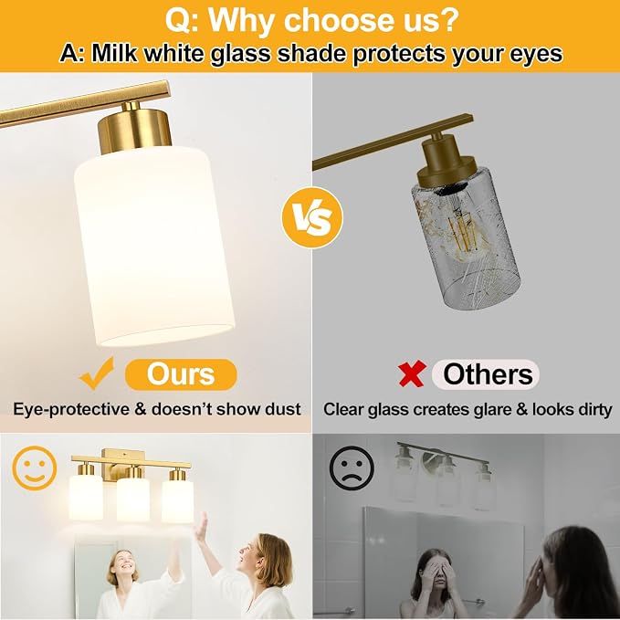 3-Light Bathroom Light Fixtures, Brushed Gold Vanity Light, Bathroom Vanity Light with Milky White Frosted Glass Shades, Bathroom Light for Mirror, Bedroom, Hallway, or Living Room