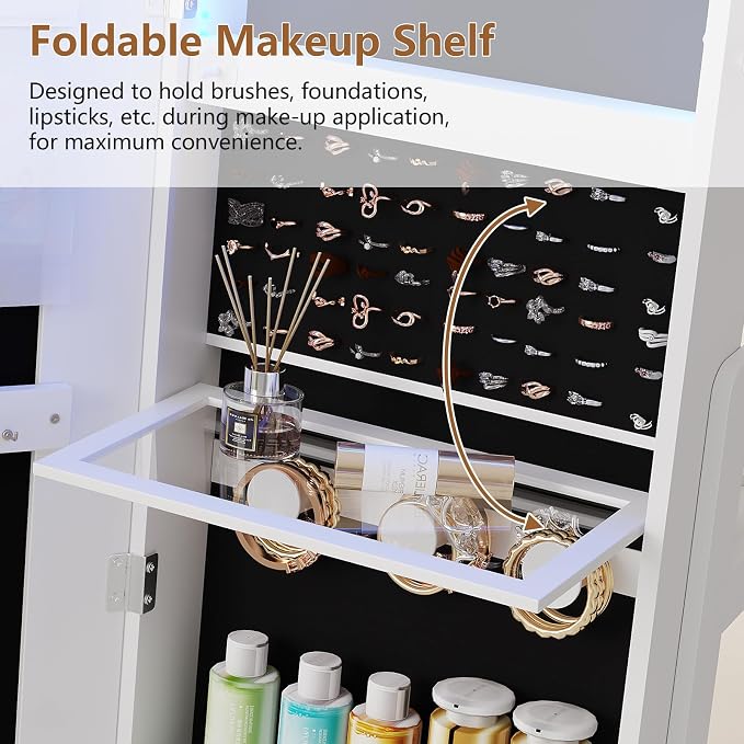 HWB Arched LED Jewelry Cabinet with Full-Length Mirror & Storage Shelves