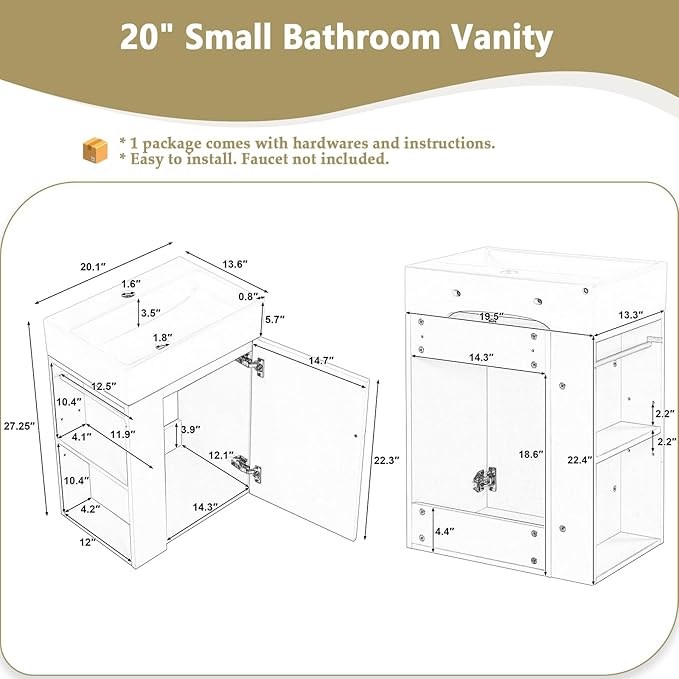20" Floating Small Bathroom Vanity with Sink, Wall Mounted Vanity for Compact Bathrooms, Space-Saving Narrow Bathroom Vanities with Soft-Close Door Open Shelf Towel Bar (Black,20" Floating Door)