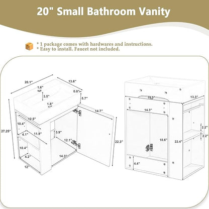 20" Floating Small Bathroom Vanity with Sink, Wall Mounted Vanity for Compact Bathrooms, Space-Saving Narrow Bathroom Vanities with Soft-Close Door Open Shelf Towel Bar (Black,20" Floating Door)