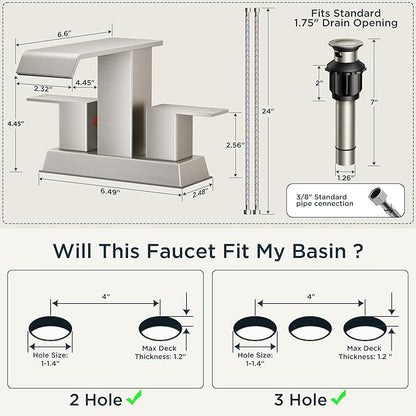 FORIOUS 4 Inch Centerset Bathroom Sink Faucet 2 or 3 Hole Brushed Nickle Double Handle, Waterfall Bathroom Faucets with Metal Pop Up Drain and Flexible Hose, Suitable for Vanity RV Restroom Remodel