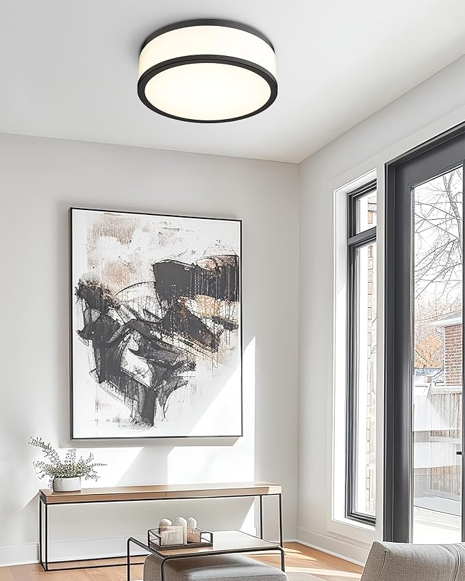 LED Flush Mount Ceiling Light, 15 inch, 24W Dimmable 3000K 4000K 5000K Matte Black Modern Round Ceiling Light Fixture for Kitchen, Hallway, Bathroom, Stairwell, LMS-054
