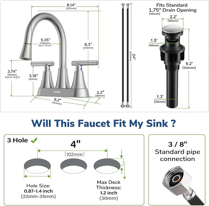 Centerset Bathroom Faucet with Pull Out Sprayer, 4 Inch 2 Handle Sink Faucet with Pop Up Drain, Stainless Steel Vanity Faucet with 2 Supply Hoses, Brushed Nickel