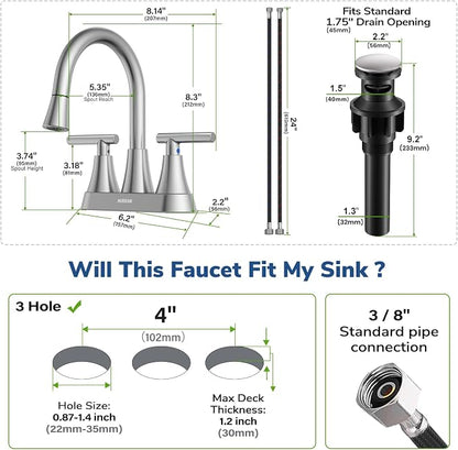Centerset Bathroom Faucet with Pull Out Sprayer, 4 Inch 2 Handle Sink Faucet with Pop Up Drain, Stainless Steel Vanity Faucet with 2 Supply Hoses, Brushed Nickel