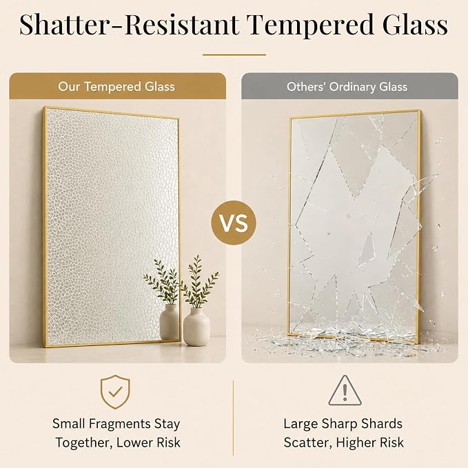 48"x30" Brushed Gold Large Framed Bathroom Vanity Wall Mirror | Large Vanity Wall Mirror, Slim Metal Frame, Dresser or Sideboard Use, Vertical/Horizontal Mount, Tempered Glass