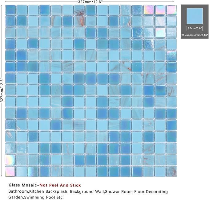 11.5 sq.ft Iridescent Blue Glass Mosaic Tile for Bathroom, Pool, Backsplash | Waterproof Wall & Floor Tile. Heat & frost resistant outdoors. Mesh-mounted easy install. Use any grout. Easy clean. 10pcs.