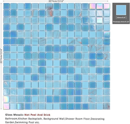 11.5 sq.ft Iridescent Blue Glass Mosaic Tile for Bathroom, Pool, Backsplash | Waterproof Wall & Floor Tile. Heat & frost resistant outdoors. Mesh-mounted easy install. Use any grout. Easy clean. 10pcs.