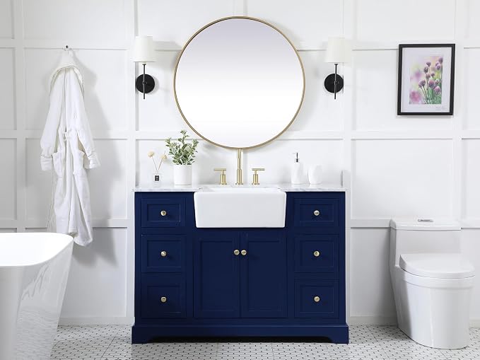 48" Pre-Assembled Bathroom Vanity with Sink, Solid Birch and MDF, Carrara White Marble Countertop Attached, Single Rectangle Porcelain Sink, 6 Soft-Close Drawers, Blue