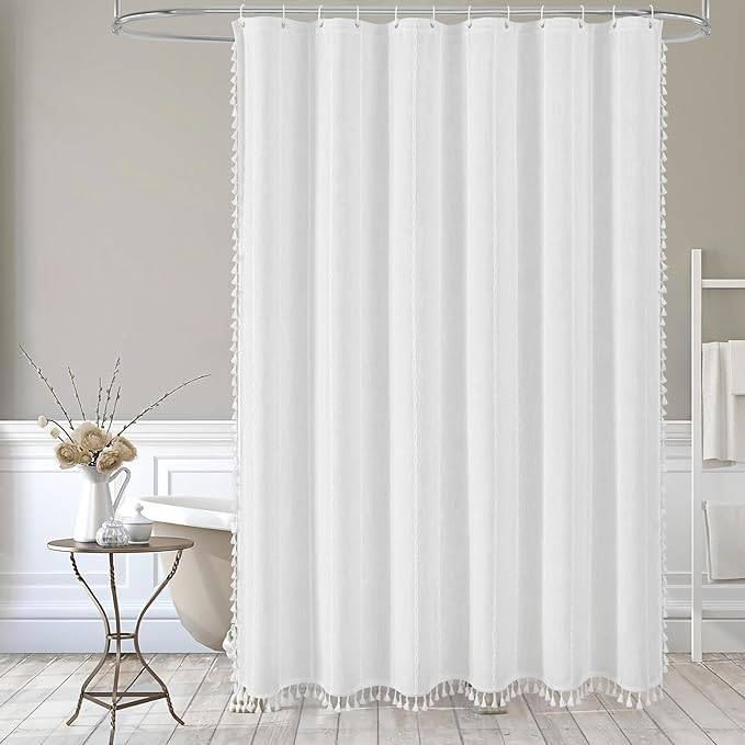 Boho Farmhouse Tassel Linen Shower Curtain,3D Embroidery Stripe White,72x96 | Extra Long Xl,310GSM Striped Texture Heavy Duty Cloth,Water Repellent,Wrinkle Resistant,Vintage Rustic Country design