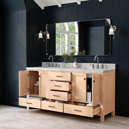 ARIEL Cambridge 72-inch Bathroom Vanity with Sink,Solid Wood, 1.5-inch Carrara White Quartz Countertop, Double Rectangular Porcelain Sink, 4 Soft Closing Doors, 6 Dovetail Drawers, White Oak