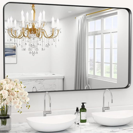 60" x 28" Large Long Black Bathroom Mirror for Wall Metal Framed Mirror, Large Rounded Rectangle Long Bathroom Mirrors, Tempered Glass, Anti-Rust, Hangs Horizontally or Vertically