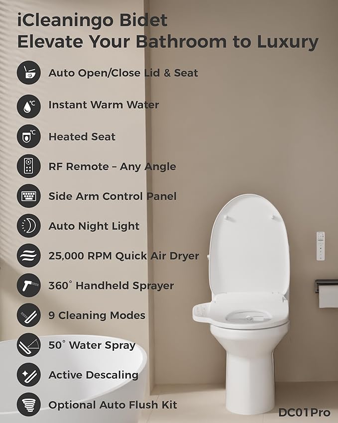 DC01 Pro iCleaningo Electric Bidet Toilet Seat, Auto Open Seat & Lid, 360° Handheld Spray,Warm Water Wash, Fast Dry Air Dryer, Heated Seat, Remote & Side Control, Night Light, Elongated