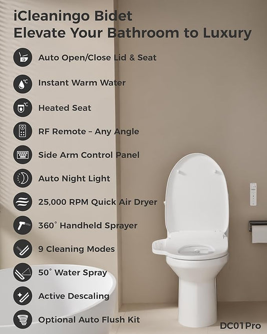DC01 Pro iCleaningo Electric Bidet Toilet Seat, Auto Open Seat & Lid, 360° Handheld Spray,Warm Water Wash, Fast Dry Air Dryer, Heated Seat, Remote & Side Control, Night Light, Elongated