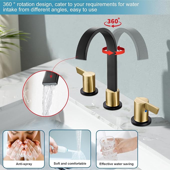 Midanya 8 Inch Widespread Bathroom Sink Faucet 3 Hole,Black and Gold Handle | Waterfall Swivel Spout,2 Handle,SUS304,with Pop Up Drain,cUPC 24" Water Hose,for 6-16” hole distance vanity,RV,Farmhouse Sink