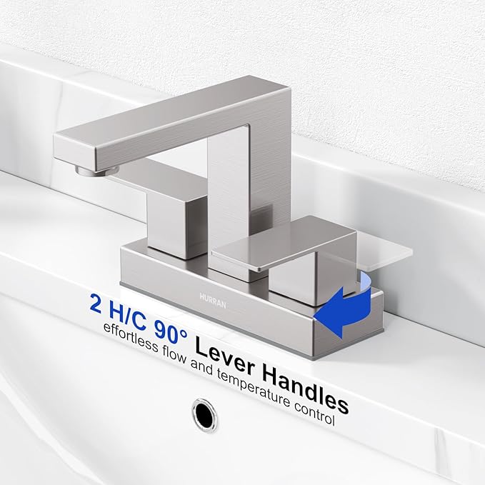 Bathroom Sink Faucet, Hurran 4 inch Brushed Nickel Bathroom Faucets for Sink 3 Hole with Pop-up Drain and Supply Lines, Stainless Steel 2-Handle Faucet for Vanity RV Restroom, 2 Pack
