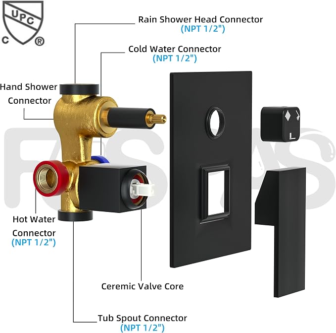 Shower System with 10-Inch Rain Head and Tub Spout | All-Metal Tub Shower Faucet Set, Ceiling Mount Rain Showerhead, Handheld Spray, Includes Valve and Trim Kit, Matte Black