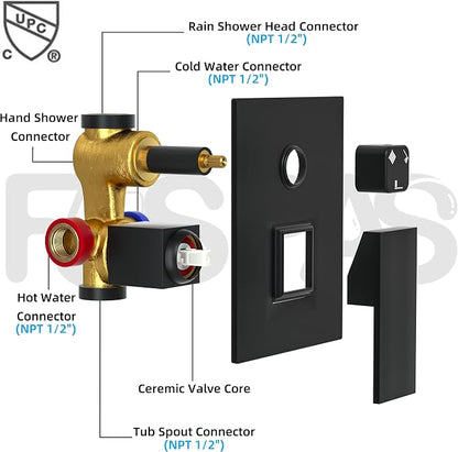 Shower System with 10-Inch Rain Head and Tub Spout | All-Metal Tub Shower Faucet Set, Ceiling Mount Rain Showerhead, Handheld Spray, Includes Valve and Trim Kit, Matte Black