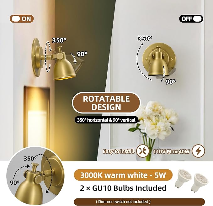 Gold Small Wall Sconce Hardwired Set of 2 - Vintage Brass Mini Bell Light | Adjustable Art Deco Fixture with Dimmable Bulb, for Bedside Reading Bedroom Hallway Kitchen Bathroom Vanity Picture Light