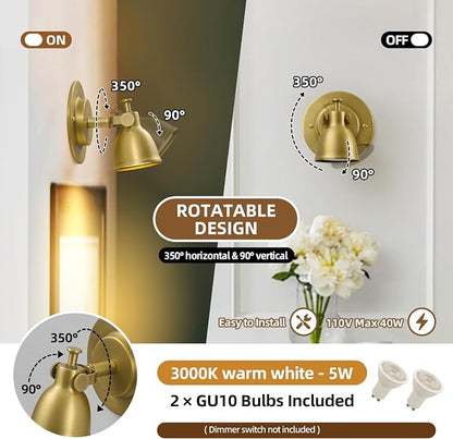 Gold Small Wall Sconce Hardwired Set of 2 - Vintage Brass Mini Bell Light | Adjustable Art Deco Fixture with Dimmable Bulb, for Bedside Reading Bedroom Hallway Kitchen Bathroom Vanity Picture Light