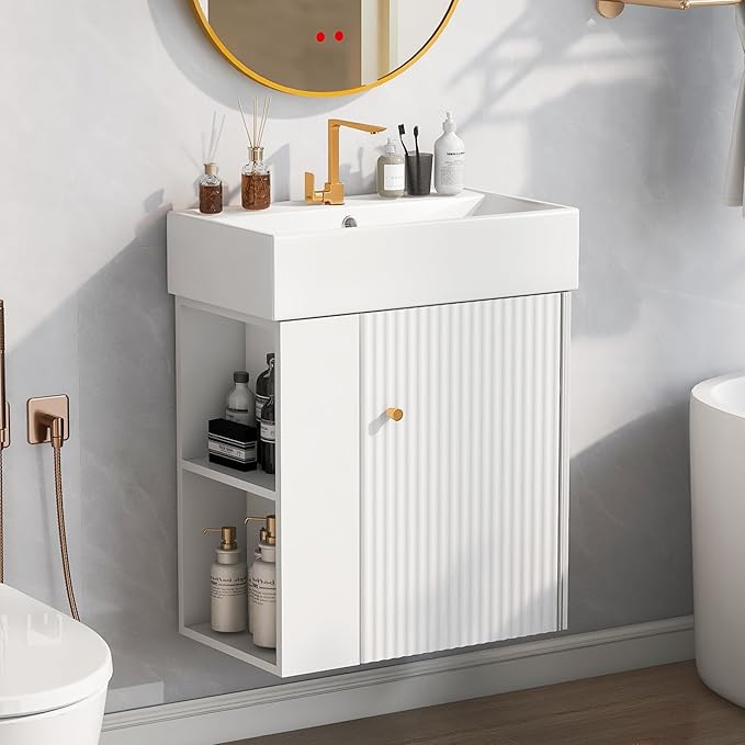 Merax 20" White Bathroom Vanity, Wall Mounted Floating Vanity with Doors & Open Shelf, Bathroom Storage Cabinet with White Ceramic Integrated Sink
