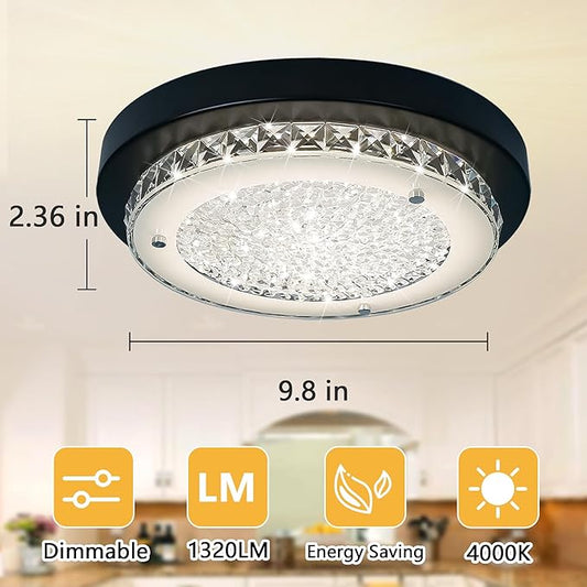 Flush Mount Ceiling Light Fixture 11 Inch Black LED Dimmable Ceiling Lights K9 Crystal Round Light Fixtures Ceiling Mount for Bedroom Bathroom Kitchen